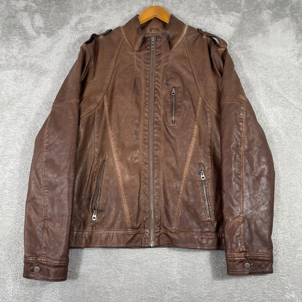 Guess Faux Leather Jacket Womens XL Brown Zip Moto Y2K Vintage Style